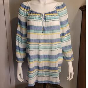 CHAPS Crinkle Gauze Peasant Top XL Coastal Grandma Boho Beachy Cotton Tunic
